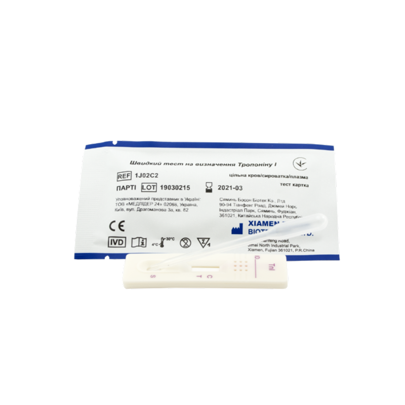 Швидкий тест на визначення Тропоніну І, тест картка (цільна кров/сироватка/плазма): 1J02C2, , Xiamen Boson Biotech Co., Ltd.